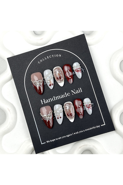 Choice 10 قطع من الأظافر الصناعية المصنوعة يدويًا بتصميم عقدة باروكية وأظافر صناعية قابلة للارتداء من الكريستال الأحمر الفرنسي.
