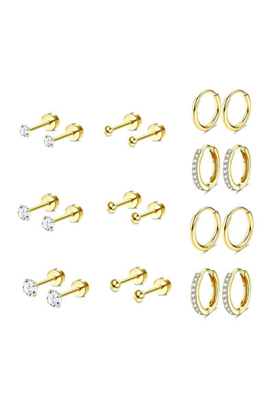 Choice مجموعة أقراط ذهبية صغيرة مرصعة بالذهب عيار 18 قيراطًا، مكونة من 10/6 أ...