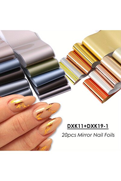 Choice DXK11 DXK19-1 20 قطعة من رقائق الأظافر المعدنية ذات التأثير المرآة، مطبوعة بسماء مرصعة بالنجوم باللون الذهبي والفضي، كروم