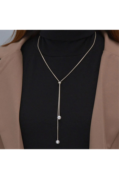 Choice XL-2672-SV Simple Faux Pearl Pendant Adjustable Long Sweater Chain Nec...