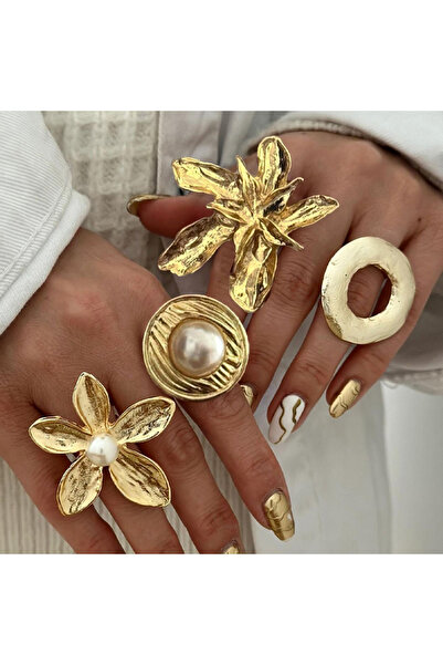 Choice AYA642530 مجموعة خواتم ذهبية اللون مبالغ فيها مكونة من 4 قطع للنساء 2025 شخصية معدنية بانك حفلة تدفق كبير