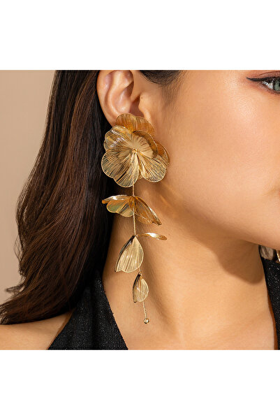 Choice أقراط متدلية على شكل زهرة كبيرة بتلاتها ذهبية اللون للنساء، بتصميم كلا...