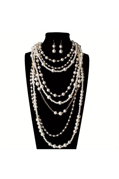 Choice YF4235-1 قلادة طويلة من اللؤلؤ الصناعي متعدد الطبقات وأقراط أنيقة وعصرية