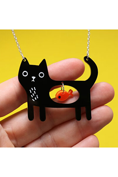 Choice Cat Cute Acrylic Black Cat And Fish Pendant Necklace Kawaii Pet Dog Ne...