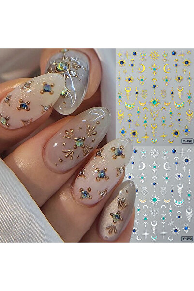 Choice 2 قطعة Y-490 2 قطعة ملصقات أظافر ذهبية فضية قمر شمس اليشم الأخضر الأزر...