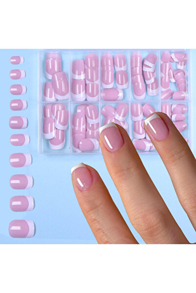 Choice أظافر صناعية فرنسية بسيطة لامعة مربعة قصيرة بيضاء اللون رمادية داكنة، ...