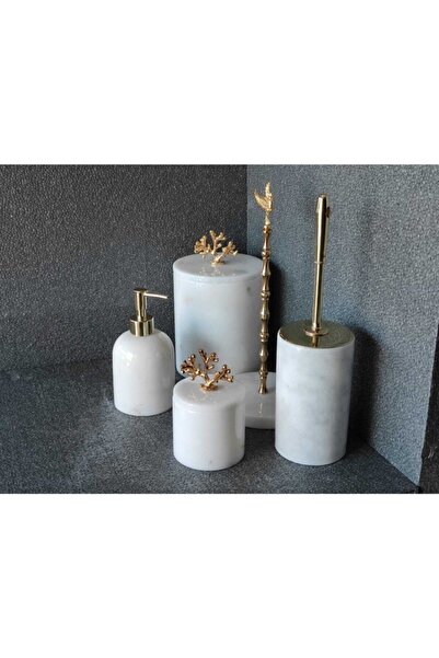 ozbience Beyaz Mermer ve Gold Detaylı 5'li Banyo Seti, Şıklık ve Zarafet Sunar