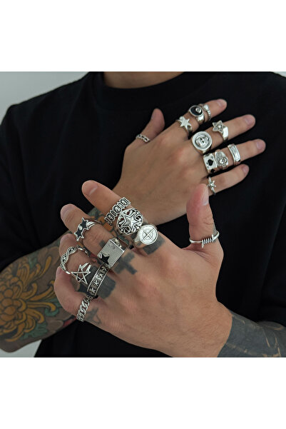 Choice خاتم سيلركون فضي اللون مكون من 20 قطعة/مجموعة من خواتم خماسية قوطية لل...