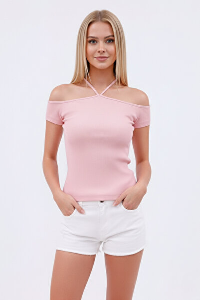 hibiscus Women's Stretchy Bodycon Neck Drawstring Crop Blouse