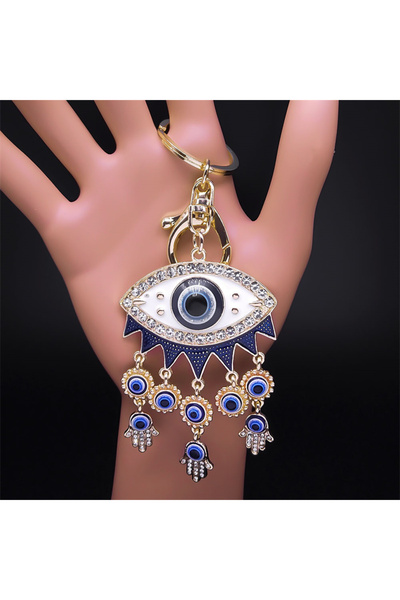 Choice سلسلة مفاتيح تركية زرقاء اللون محظوظة للنساء والرجال على شكل يد همسة معدنية ذهبية اللون على شكل حقيبة C