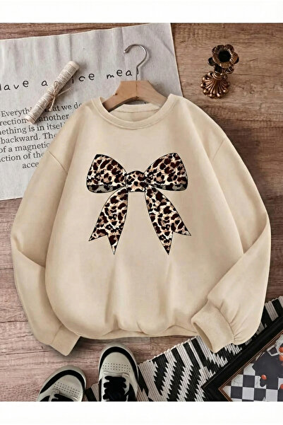 Trend Sizde Unisex Beige Leopard Ribbon Printed Crew Neck Sweat