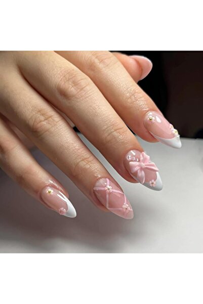 Choice أظافر صناعية بلون أزرق سماوي، 24 قطعة، مع فيونكة فراشة أقحوان ثلاثية الأبعاد وتصميم لؤلؤي، اضغط بشكل طبيعي