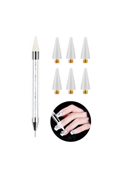 Choice قلم تحديد أحجار الراين الأبيض مع 6 رؤوس شمع إضافية، مانيكير مزدوج الأط...