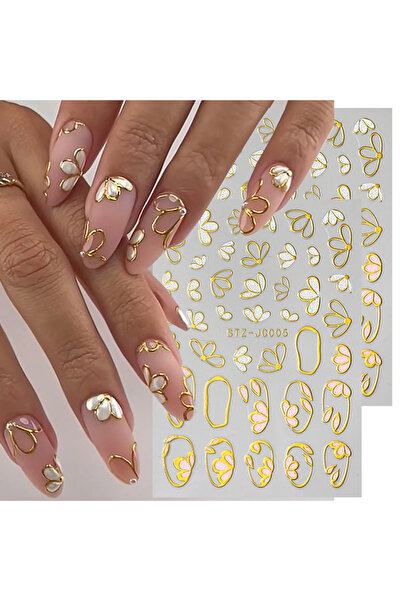 Choice ملصقات أظافر يلو ثلاثية الأبعاد ببرونزية لامعة زهرية بتلات ذهبية ديزي بيضاء ملصقات ذاتية اللصق إليجا