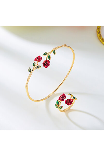 Choice BR25Y0080-1 طقم أساور وخواتم على شكل زهرة وردة حمراء عتيقة من زيت التنقيط للنساء باللون الذهبي مع أساور مفتوحة