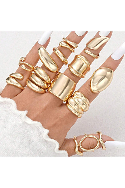 Choice AYAGold1No box 14Pcs/Set Vintage Smooth Open Rings Set for Women Engineering Creative Non-normal Gold C