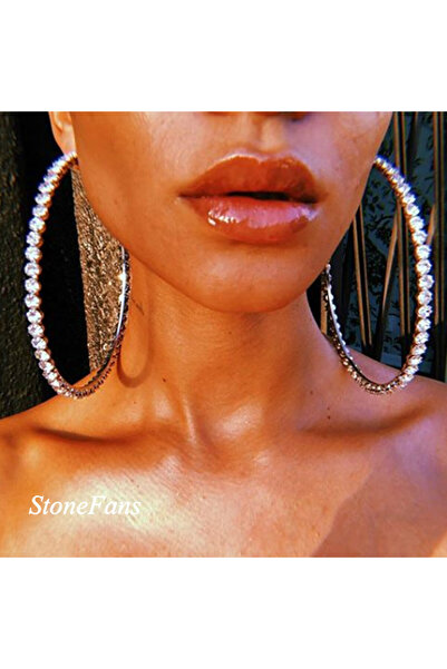 STONEFANS أقراط حلقية كبيرة لامعة مرصعة بأحجار الراين الفضية من ستون فانز، مق...