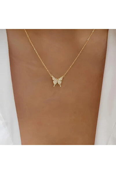 Choice قلادة أنيقة من أحجار الراين باللون الذهبي على شكل فراشة، سلسلة معدنية ...