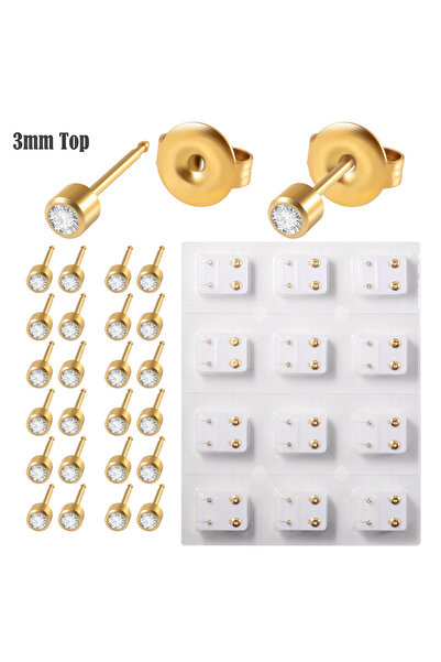 Choice أقراط أذن ذهبية شفافة مرصعة بأحجار كريمة 3 مم، 12 زوجًا، مصنوعة من الف...