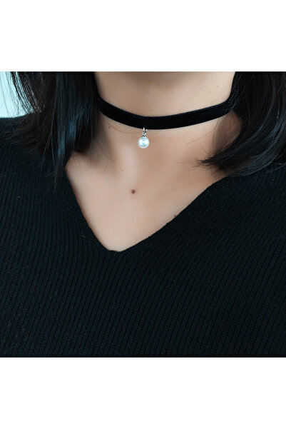 Choice 40cm Steel color Vintage all-matching temperament black velvet strap faux pearl pendant choker neck
