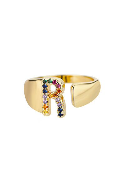 Choice Gold Color R Rainbow Zircon Letter Rings For Women Fashion Chunky Wide...