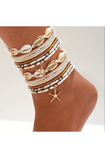 Choice AYA6077903 مجموعة من 8 قطع من خلخال نجم البحر البوهيمي المضفر للنساء في الصيف والشاطئ والصدفة والخرز على شكل قدم J