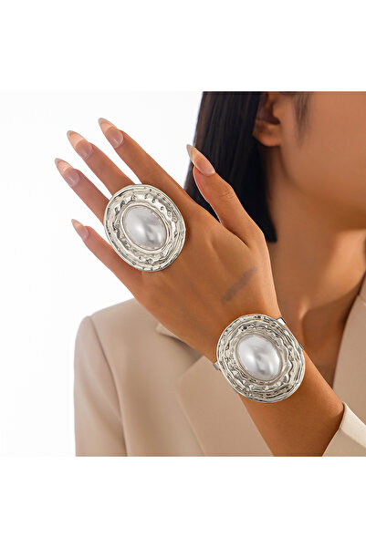 Choice طقم فضي من قطعتين من بوروي، أساور دائرية عريضة قابلة للتعديل، مرصعة بل...