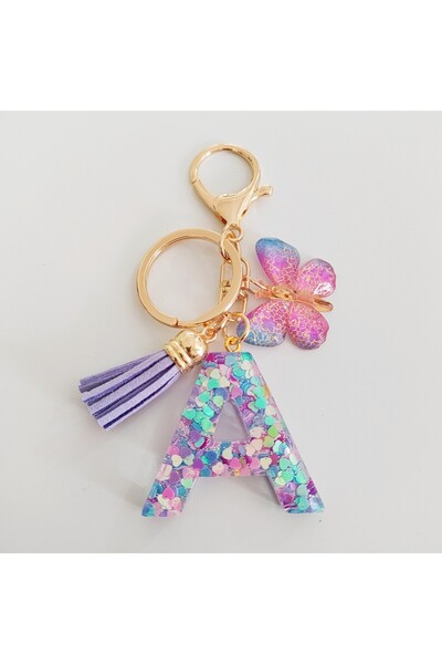 Choice سلسلة مفاتيح على شكل فراشة أنيقة مع حرف A-Z26 من مزيج الغراء والترتر، ...