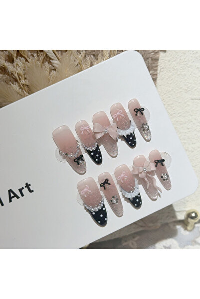 Choice أظافر طويلة بيضاوية مقاس XS سوداء وردية حلوة فرنسية مصنوعة يدويًا من أظافر الضغط على شبكة من النقاط المنقطة تنورة حب باليه