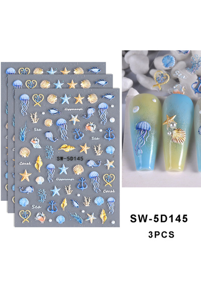 Choice SW-5D145-3 قطع 3 قطع-5D قنديل البحر الصيف الشاطئ ملصقات الأظافر الأبيض...