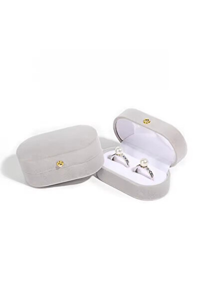 Choice صندوق خواتم مخملي رمادي عتيق بفتحة أوسع لخاتمين - علبة عرض مجوهرات للسفر لحفلات الزفاف