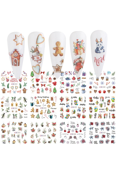 Choice ملصقات أظافر BN2413-2424، 12 قطعة، بتصميمات كرتونية لعيد الميلاد، غزال...