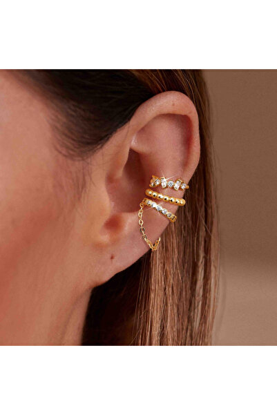Choice AYA6605301 مجموعة 3 قطع من مشابك الأذن الأنيقة من الزركون للنساء على شكل سلسلة أنيقة غير مثقوبة مطلية بالذهب