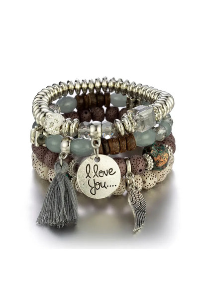 Choice مجموعة أساور من 4 قطع من الخرز البوهيمي للنساء، حرف أحبك، جناح دائري، شرابة، سحر مرن.