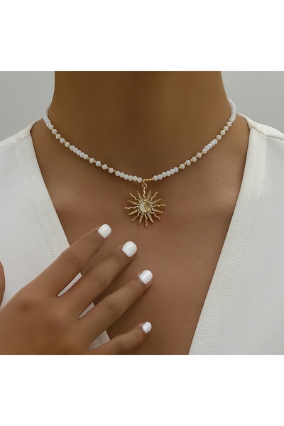 Choice قلادة نسائية أنيقة على شكل شمس باللون الذهبي والأبيض العتيق، مصنوعة من...