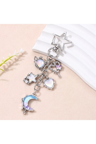 Choice سلسلة مفاتيح E8905 جميلة من المينا على شكل قلب وقمر ونجمة Y2K بألوان وردية وزرقاء للنساء، مقاس 10 سم