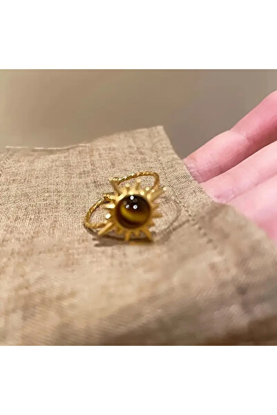 Choice خاتم A-064 عتيق من حجر عين النمر قابل للتغيير الحجم للنساء بتصميم غير منتظم بلون ذهبي مجوهرات أنيقة