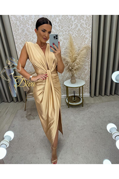 OEMN Rochie Dama Satin croiala cu fronseuri si decolteu adanc - Hannah