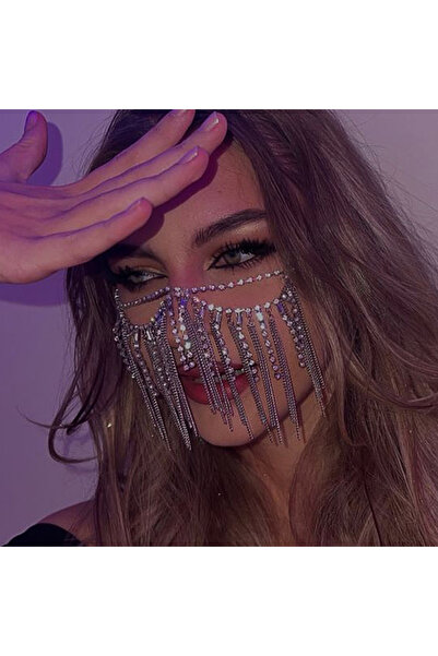Choice1 قناع وجه فاخر مطلي بالفضة مزين بشرابة مرصعة بأحجار الراين وسلسلة معدن...