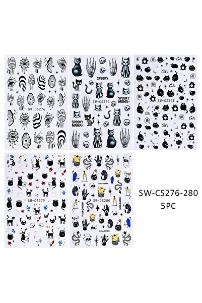 Choice SW-CS276-280 5 قطع 5 ملصقات أظافر الهالوين بتصميم قطة كرتونية شبح جمجم...