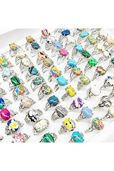 Choice مجموعة متنوعة الأحجام (16-20 مم) 20 قطعة، النمط 1، 20 قطعة/مجموعة، خواتم أصابع بيضاوية ملونة من الأحجار الطبيعية بالجملة للنساء