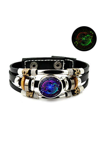 Choice سوار جلدي مضيء بأبراج الحوت، سوار جلدي متعدد الطبقات من الخرز بتصميم ك...