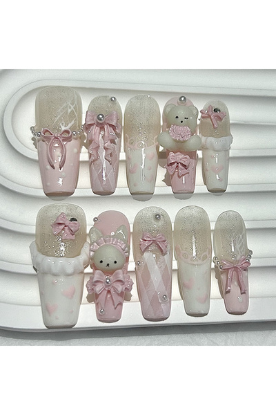 Choice 10 قطع أظافر صناعية طويلة على شكل دب تيدي ثلاثي الأبعاد وردي اللون مصن...