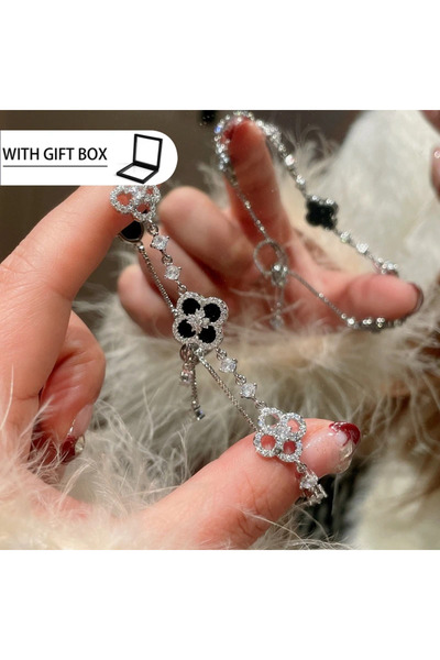 Choice سوار من عرق اللؤلؤ الوردي على شكل زهرة الكرز السوداء الفضية، مرصع بأحج...