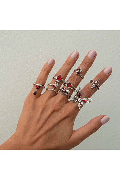 Choice مجموعة خواتم كون جو المفتوحة ذات اللون الأحمر القوطي المرصعة بأحجار ال...