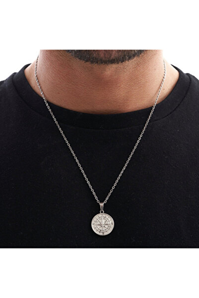 Choice Silver Vnox Compass Necklaces for Men, Layering Stacked Cuban Figaro C...