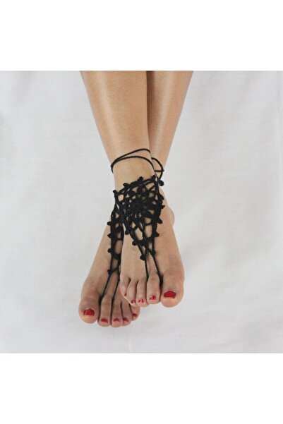 Choice صنادل كروشيه حافية القدمين مطلية باللون الأسود، خلخال زفاف، خلخال شاطئ، أحذية، زينة، سوار كاحل