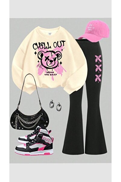 buendiakids Kız Çocuk Bej-Siyah\Chill Out Baskılı Bisiklet Yaka-İspanyol Paça...