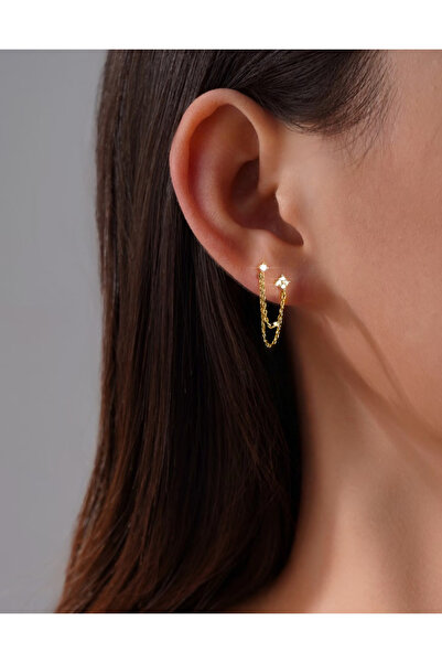 Choice أقراط ذهبية عصرية جديدة بلون ذهبي مثقوب مع سلسلة من الزركون اللامع للنساء