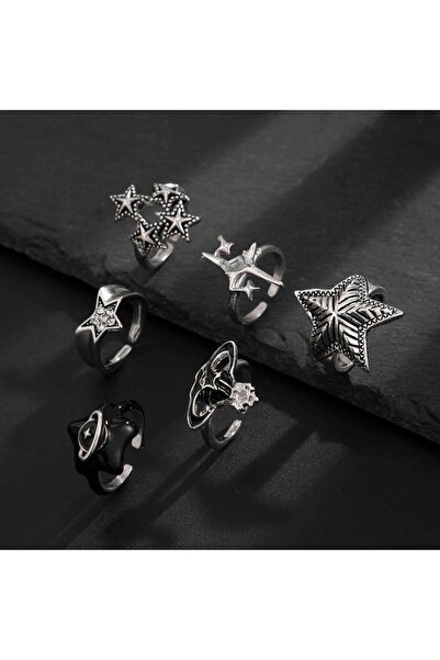 Choice طقم 3 خواتم كون جو، 6 قطع، بتصميم عتيق فضي اللون، على شكل نجمة، مفتوحة...